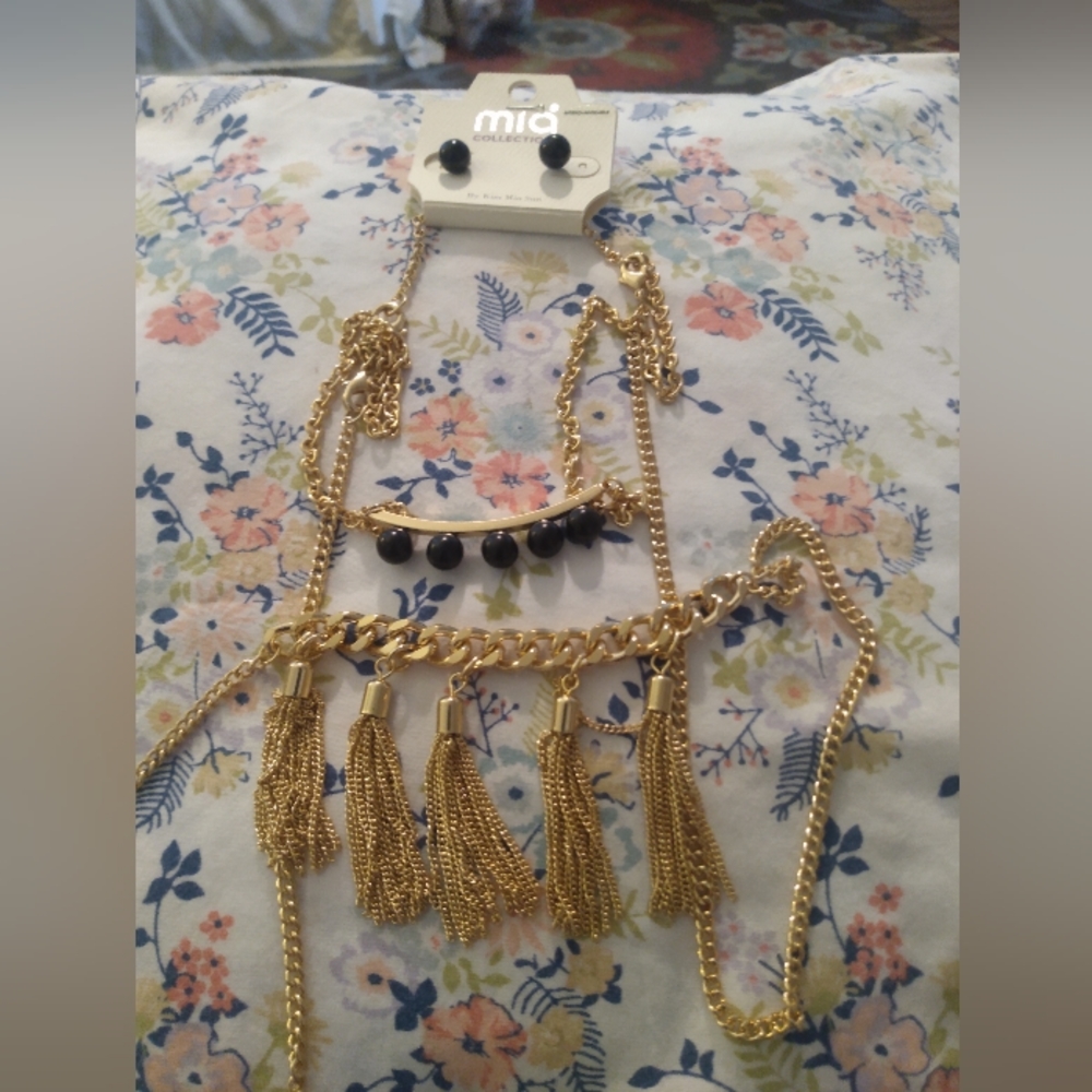 MIA Collection Gold Tone And Black,Beads And Black Ball Earrings Set.